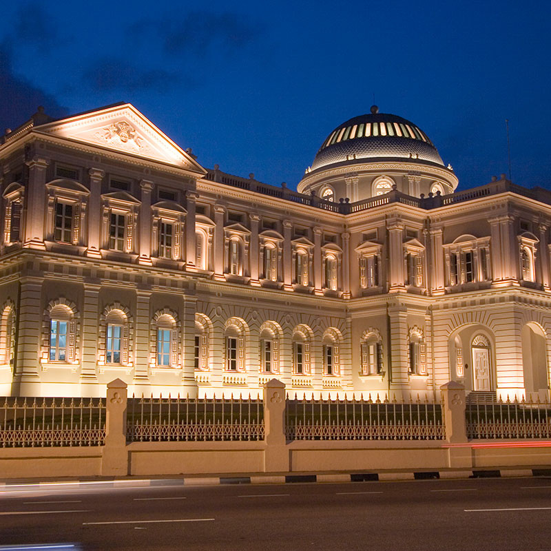 Singapore Close up night shot of the front facade of the National Museum